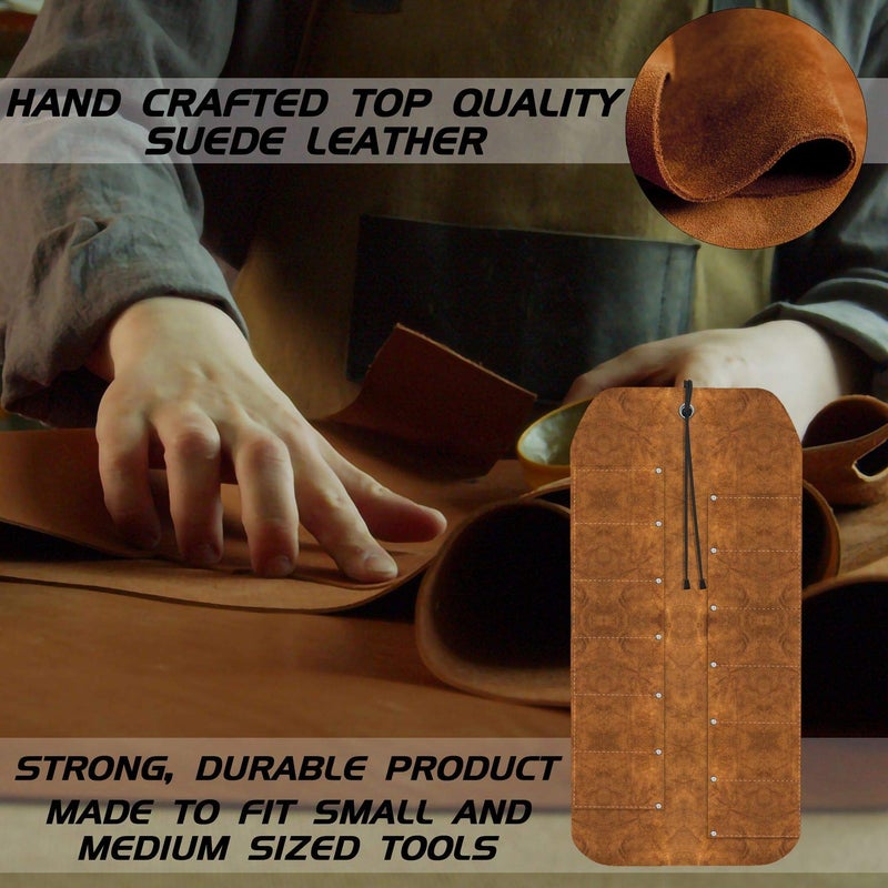 UJ Ramelson Co UJ Ramelson 12 Pocket Suede Leather Tool Roll Up Holder Organizer Bag Pouch for Woodworking, Wood Carving, Chisel, Gouge, and More, Brown - Image 2